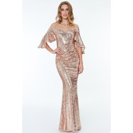 Apricot Off The Shoulder Sequined Maxi Dress