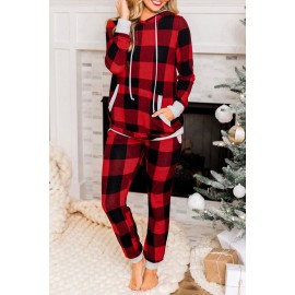 Red Plaid Pocket Drawstring Christmas Hooded Lounge Sets